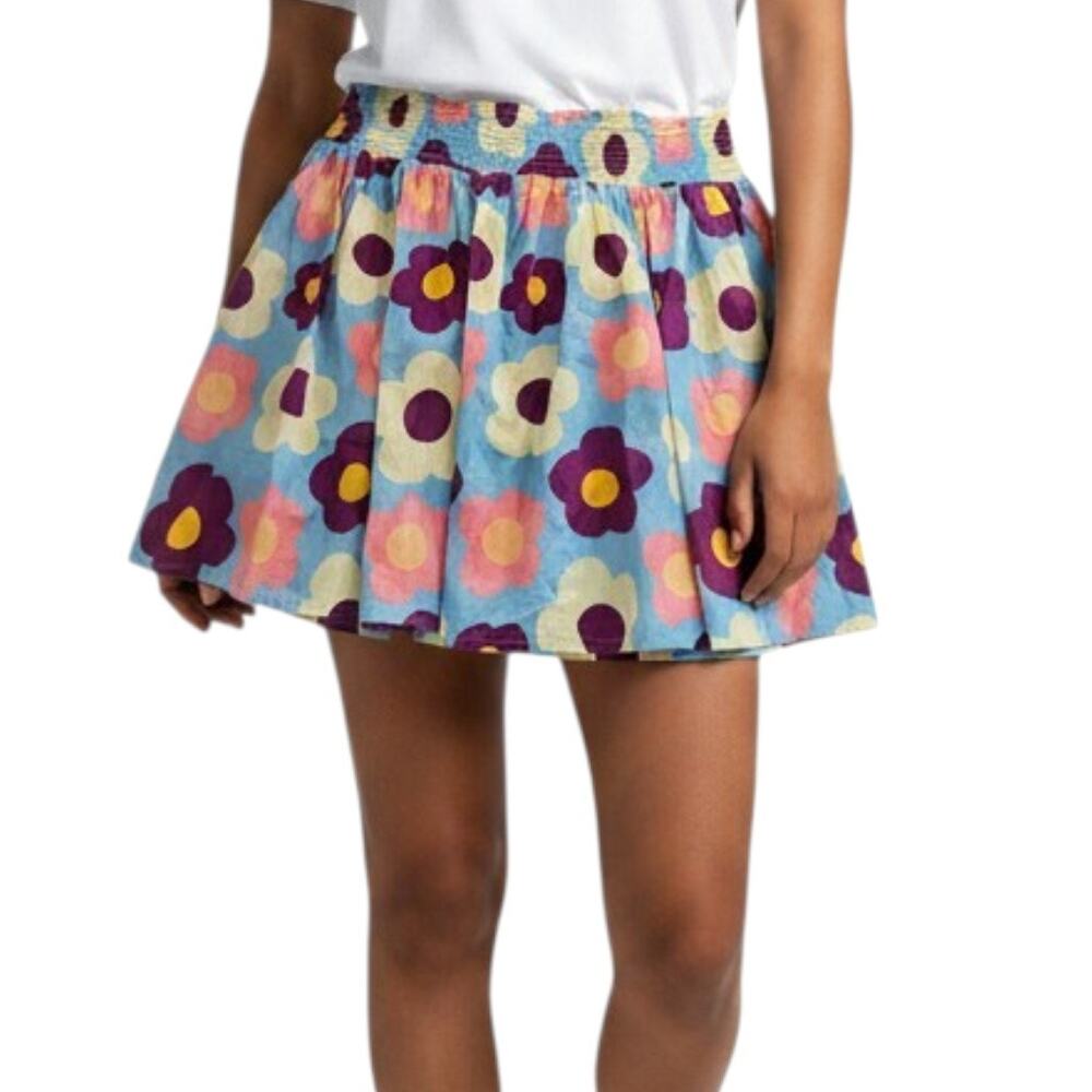 Women's Lucy & Yak Blue and Floral Print Mini Skater Skirt Elastic Waist Large